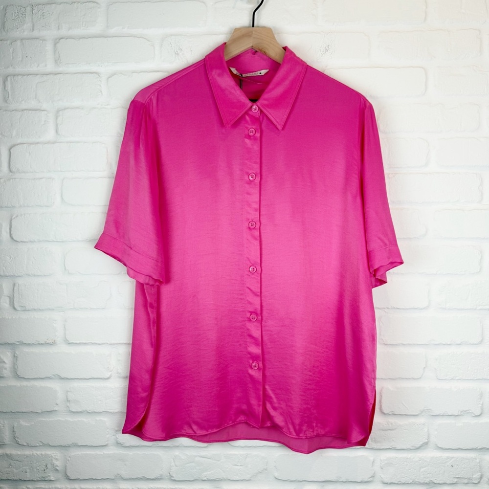 Zara Hot Pink Satin Effect Short Sleeve Collar Button Down NWT XL